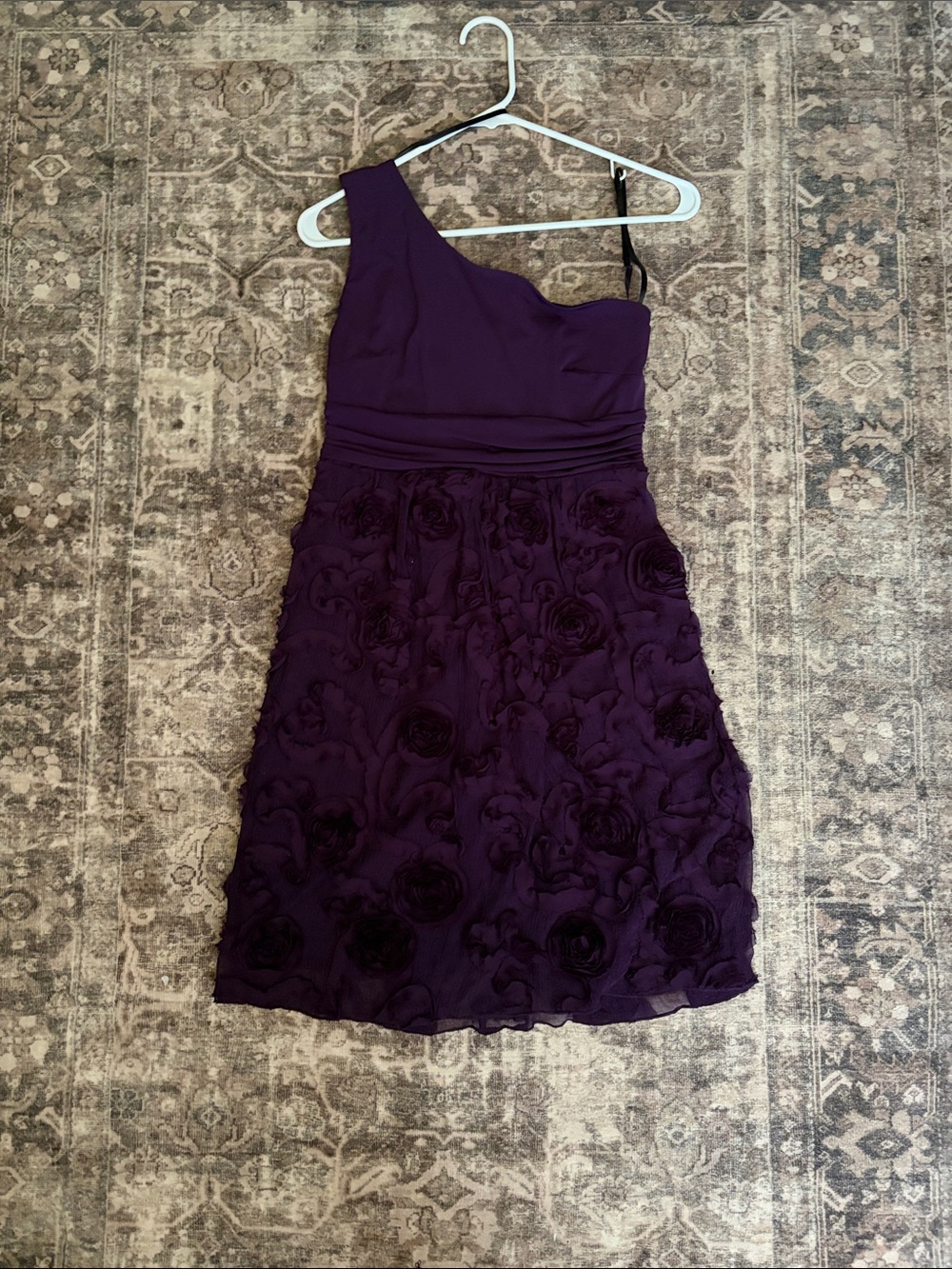Valerie Bertinelli One-Shoulder Deep Purple Rosette Dress